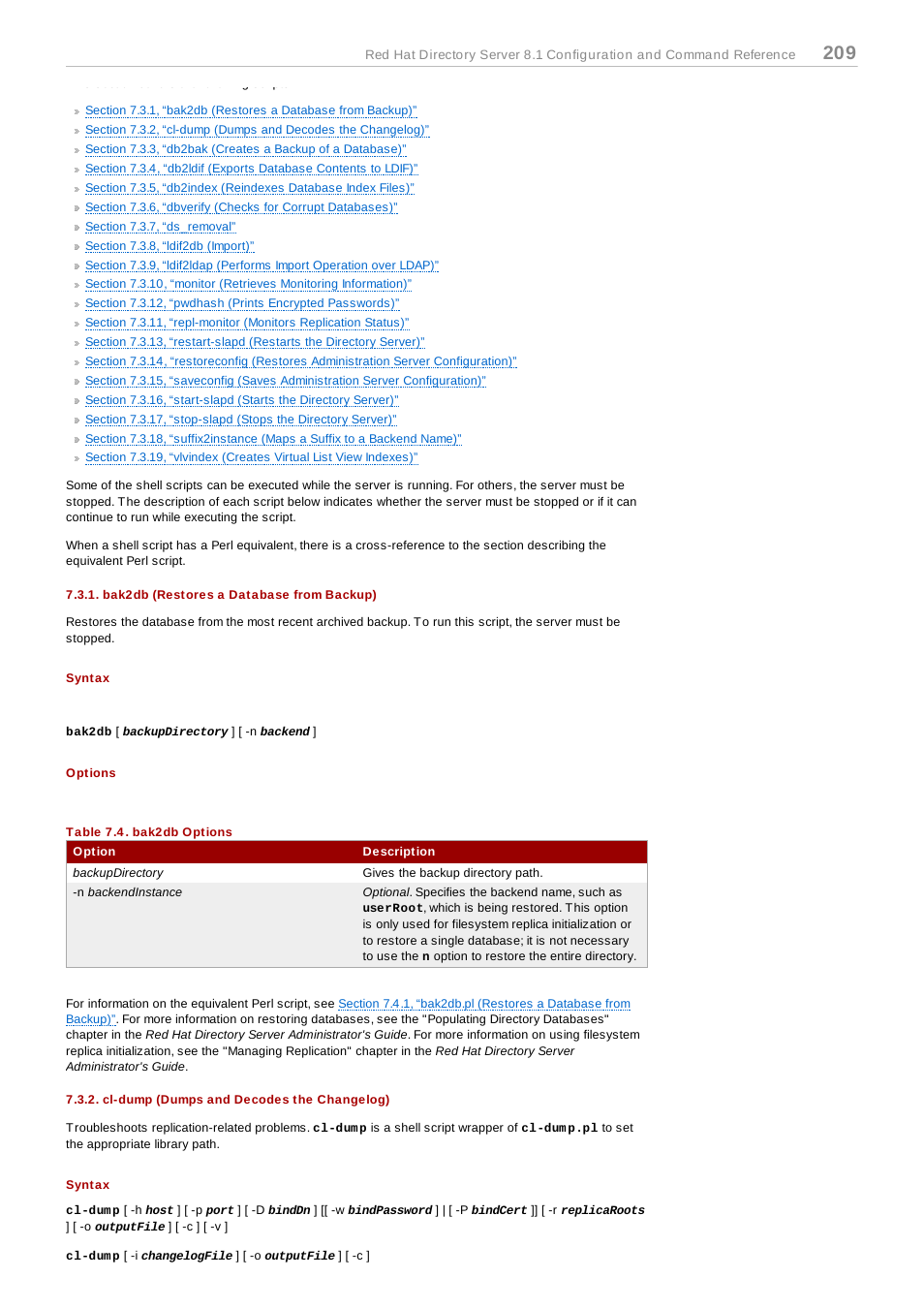 Bak2db (restores a database from backup), Syntax, Options | Cl-dump (dumps and decodes the changelog) | Red Hat 8.1 User Manual | Page 209 / 292