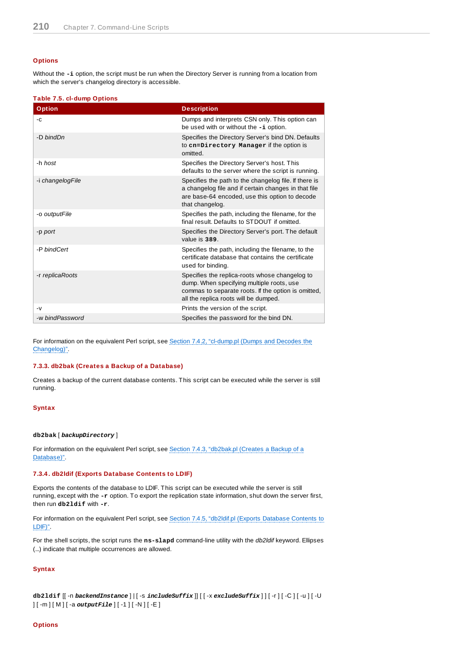 Options, Db2bak (creates a backup of a database), Syntax | Db2ldif (exports database contents to ldif) | Red Hat 8.1 User Manual | Page 210 / 292