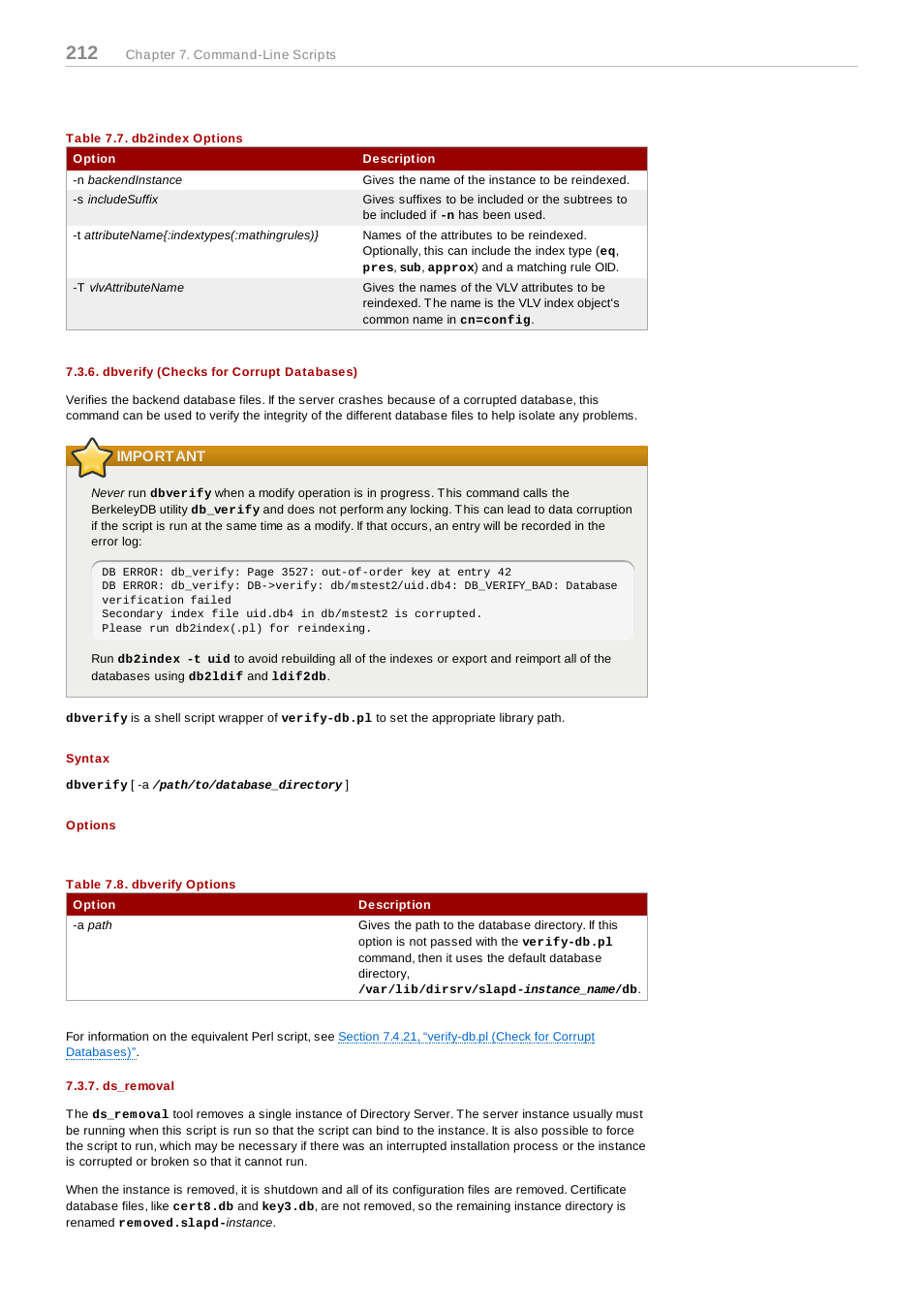 Dbverify (checks for corrupt databases), Important, Syntax | Options, Table 7.8. dbverify options, Ds_removal | Red Hat 8.1 User Manual | Page 212 / 292