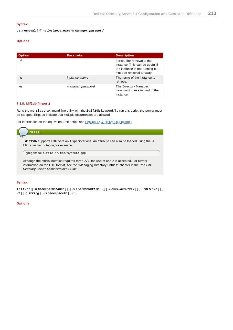Syntax, Options, Ldif2db (import) | Note, Section 7.3.8, “ldif2db (import) | Red Hat 8.1 User Manual | Page 213 / 292