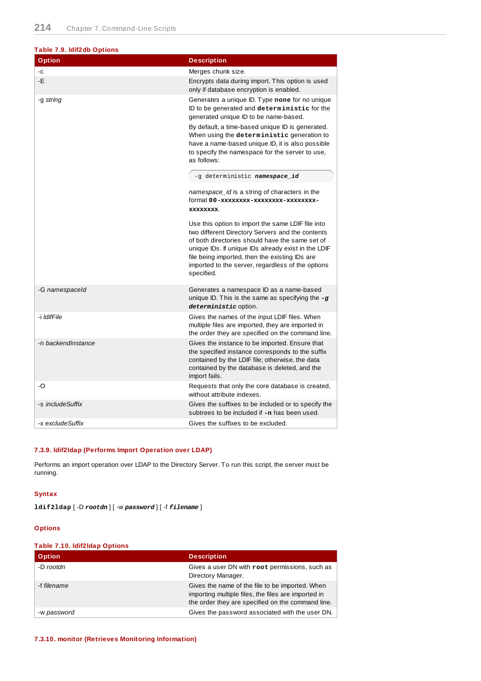 Table 7.9. ldif2db options, Ldif2ldap (performs import operation over ldap), Syntax | Options, Monitor (retrieves monitoring information) | Red Hat 8.1 User Manual | Page 214 / 292