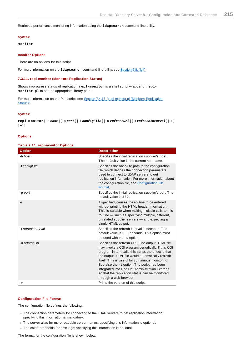 Syntax, Monitor options, Repl-monitor (monitors replication status) | Options, Configuration file format | Red Hat 8.1 User Manual | Page 215 / 292