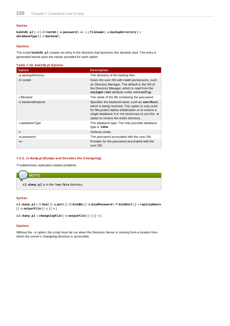 Syntax, Options, Cl-dump.pl (dumps and decodes the changelog) | Note, For information on the equivalent perl script, see, Section 7.4.2, “cl-dump.pl (dumps and decodes the, Changelog) | Red Hat 8.1 User Manual | Page 220 / 292