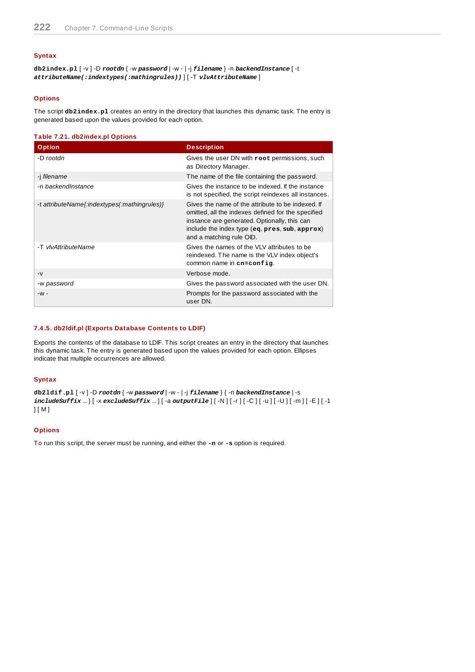 Syntax, Options, Db2ldif.pl (exports database contents to ldif) | For information on the equivalent perl script, see, Ldif) | Red Hat 8.1 User Manual | Page 222 / 292