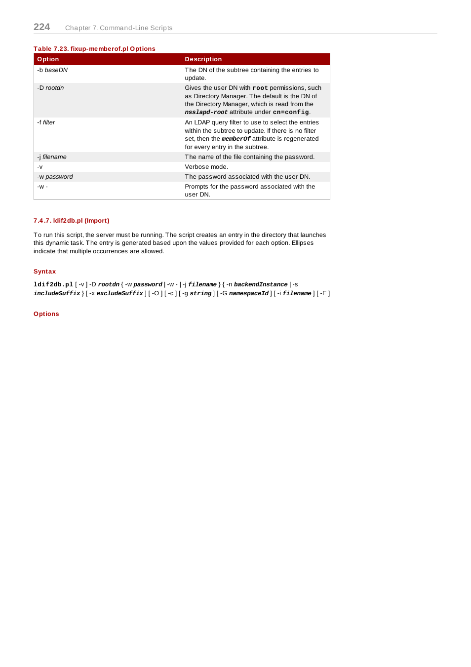 Ldif2db.pl (import), Syntax, Options | Section 7.4.7, “ldif2db.pl (import) | Red Hat 8.1 User Manual | Page 224 / 292