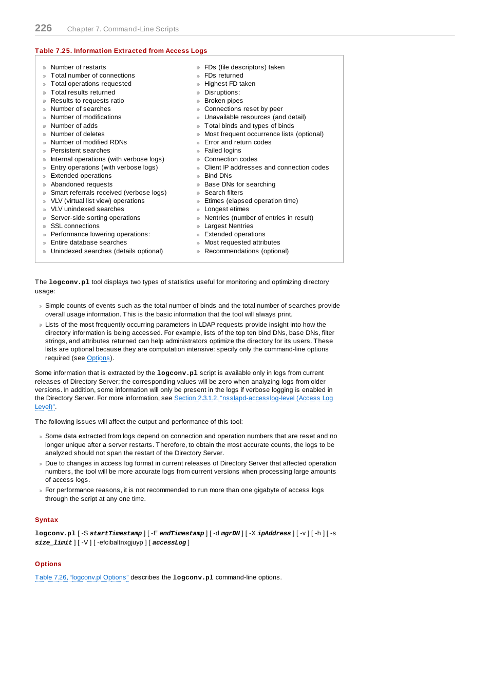 Table 7.25. information extracted from access logs, Syntax, Options | Red Hat 8.1 User Manual | Page 226 / 292