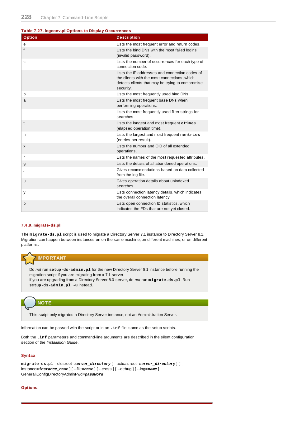 Migrate-ds.pl, Important, Note | Syntax, Options | Red Hat 8.1 User Manual | Page 228 / 292