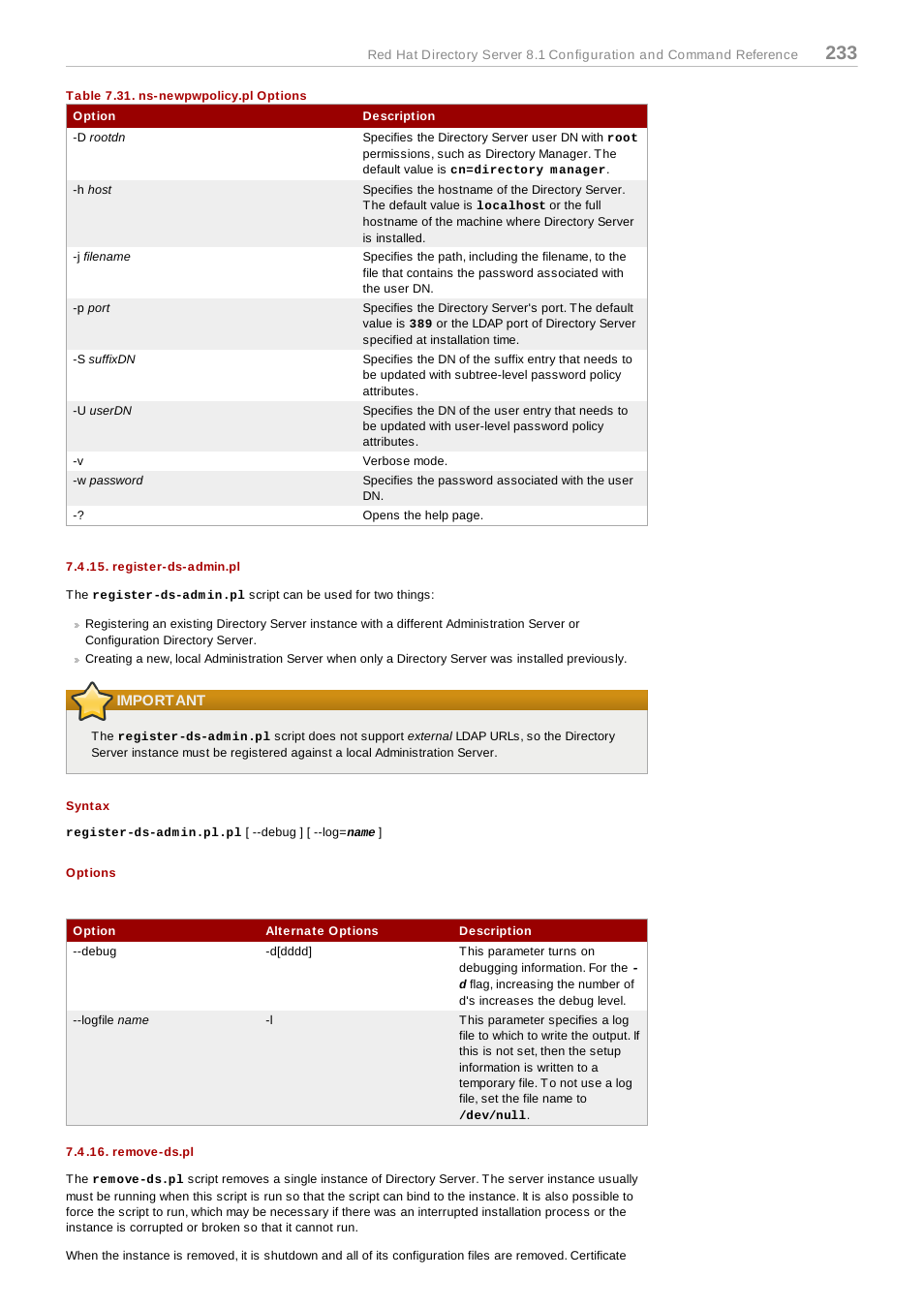Register-ds-admin.pl, Important, Syntax | Options, Remove-ds.pl, Register-ds-admin.pl 7.4.16. remove-ds.pl, Section 7.4.16, “remove-ds.pl | Red Hat 8.1 User Manual | Page 233 / 292