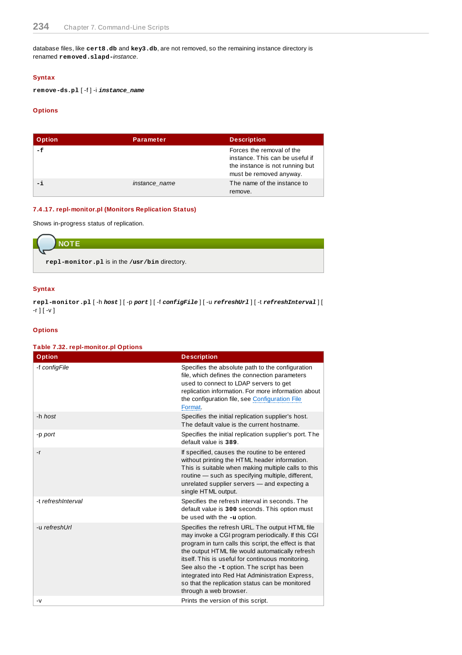 Syntax, Options, Repl-monitor.pl (monitors replication status) | Note, Table 7.32. repl-monitor.pl options, For more information on the perl script, see, Status) | Red Hat 8.1 User Manual | Page 234 / 292