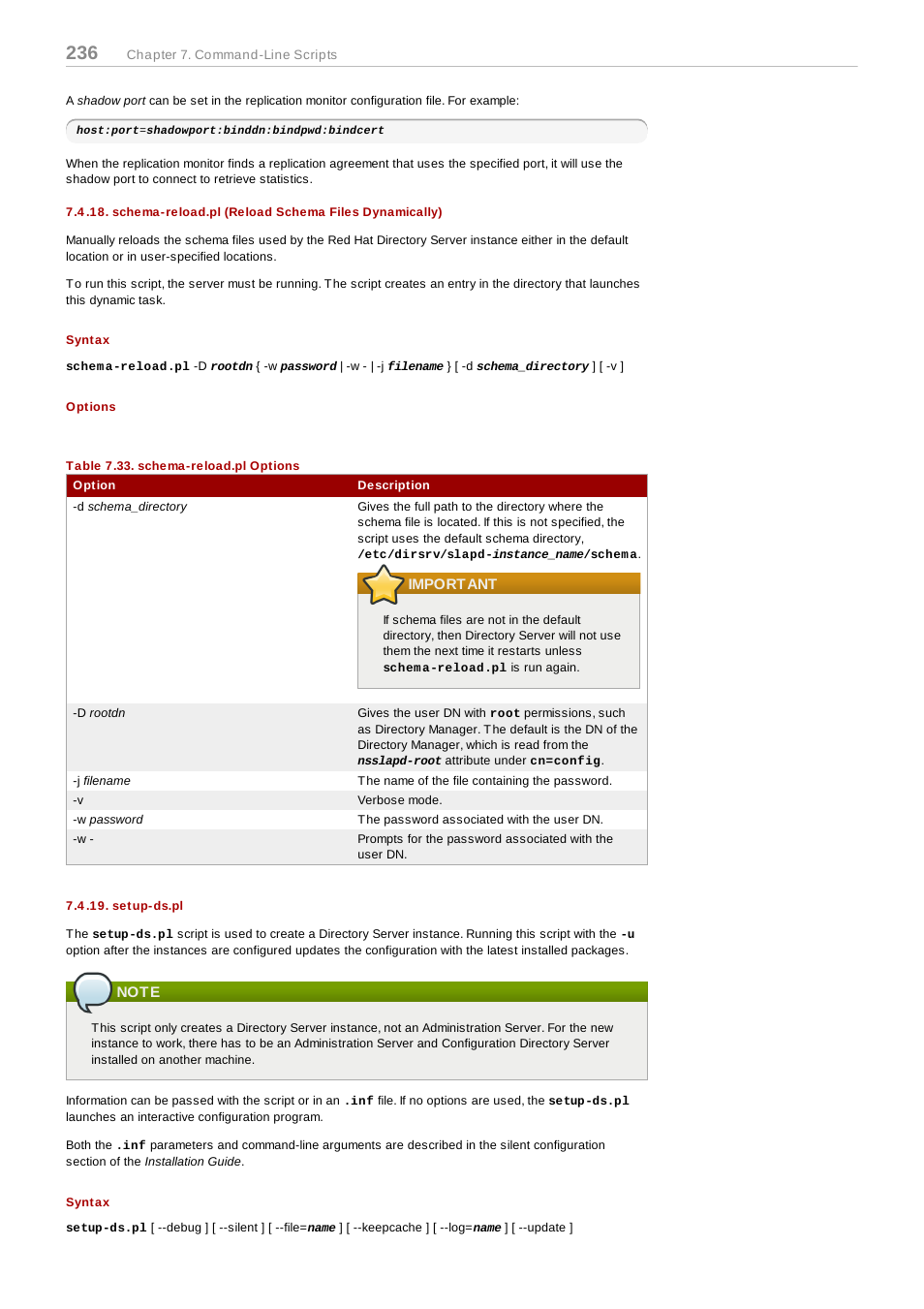 Schema-reload.pl (reload schema files dynamically), Syntax, Options | Important, Setup-ds.pl, Note | Red Hat 8.1 User Manual | Page 236 / 292