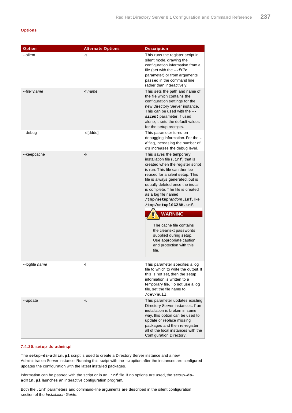 Options, Warning, Setup-ds-admin.pl | Section 7.4.20, “setup-ds-admin.pl | Red Hat 8.1 User Manual | Page 237 / 292