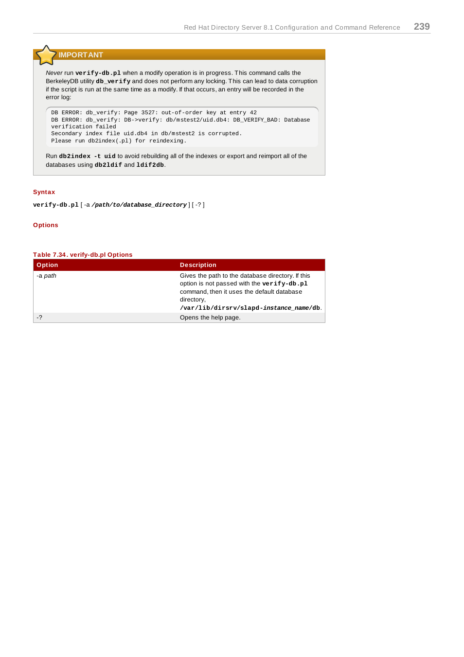 Important, Syntax, Options | Table 7.34. verify-db.pl options | Red Hat 8.1 User Manual | Page 239 / 292
