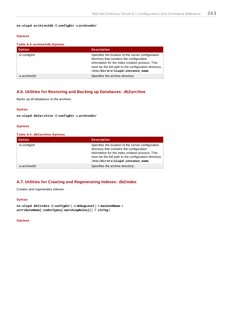 Options, Table a.3. archive2db options, Syntax | Table a.4. db2archive options | Red Hat 8.1 User Manual | Page 243 / 292