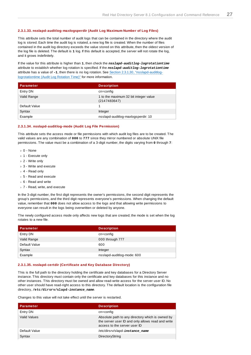 Nsslapd-auditlog-mode (audit log file permission), Section 2.3.1.33, For more information | Red Hat 8.1 User Manual | Page 27 / 292