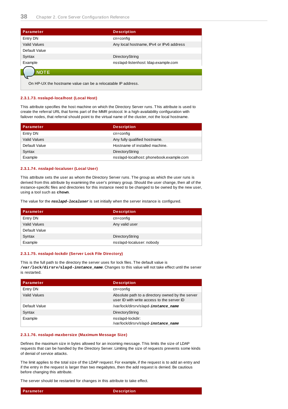 Note, Nsslapd-localhost (local host), Nsslapd-localuser (local user) | Nsslapd-lockdir (server lock file directory), Nsslapd-maxbersize (maximum message size) | Red Hat 8.1 User Manual | Page 38 / 292