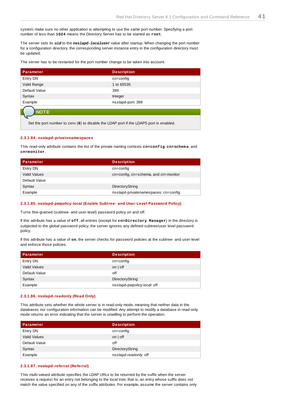 Note, Nsslapd-privatenamespaces, Nsslapd-readonly (read only) | Nsslapd-referral (referral) | Red Hat 8.1 User Manual | Page 41 / 292