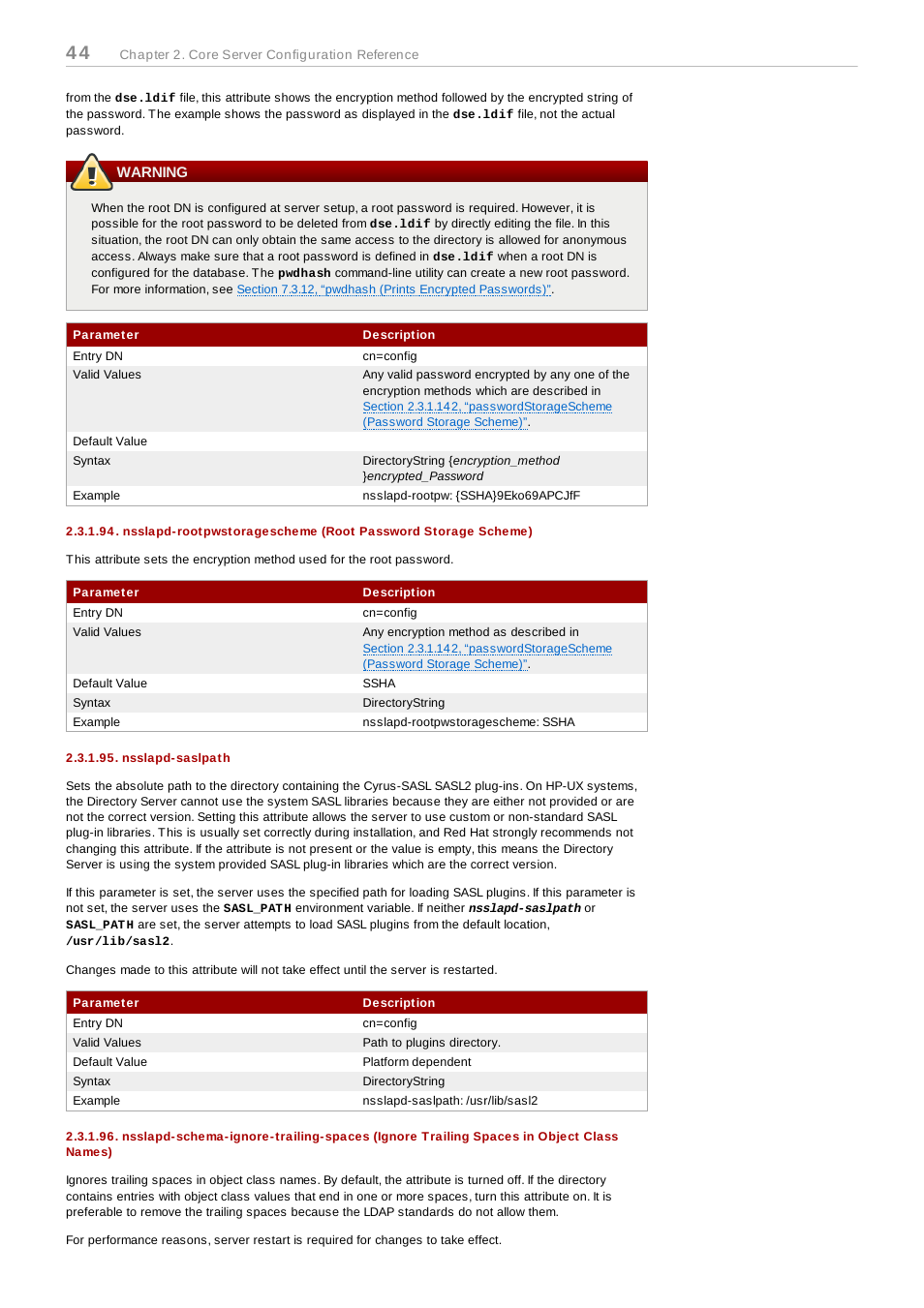 Warning, Nsslapd-saslpath | Red Hat 8.1 User Manual | Page 44 / 292