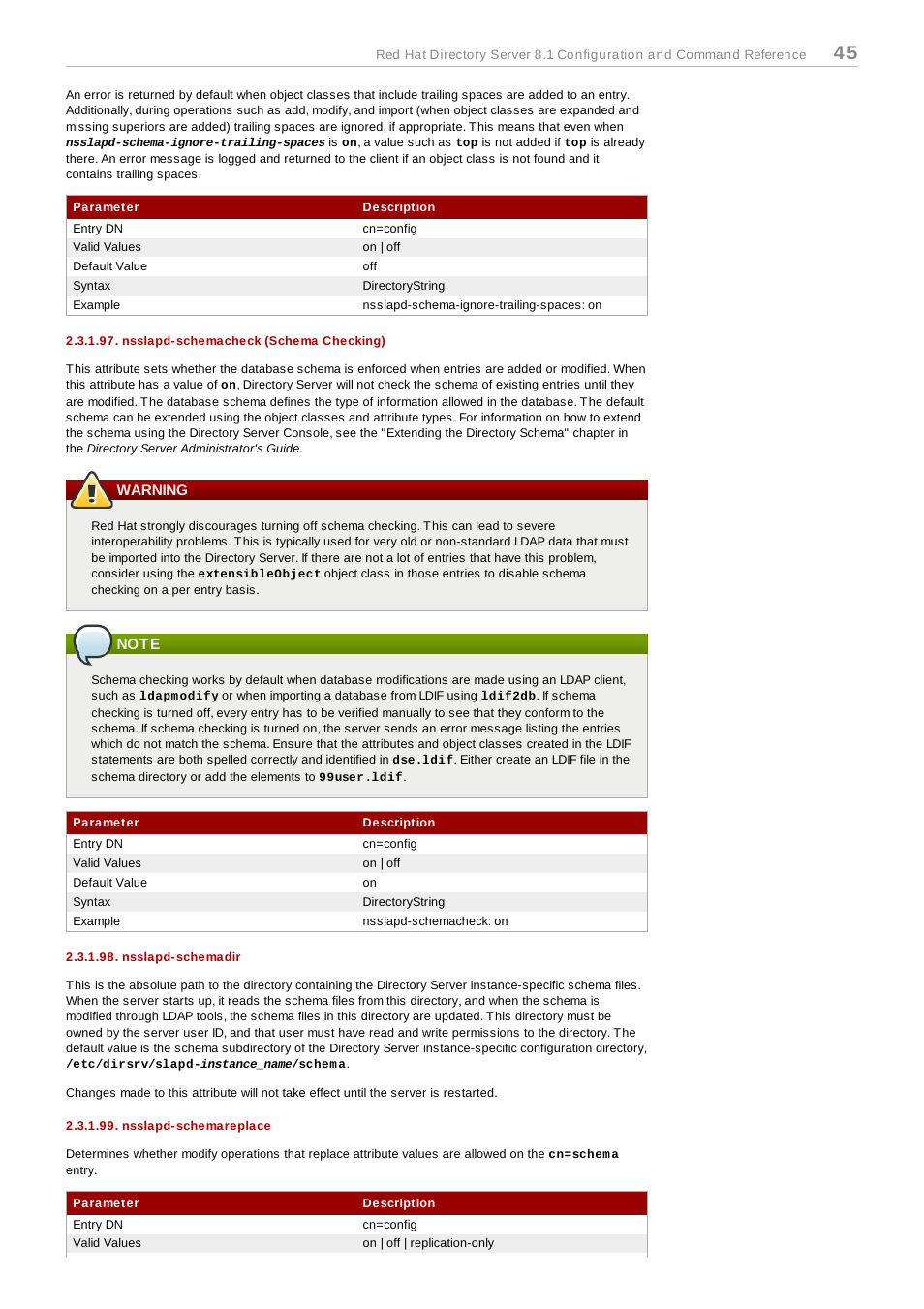 Nsslapd-schemacheck (schema checking), Warning, Note | Nsslapd-schemadir, Nsslapd-schemareplace | Red Hat 8.1 User Manual | Page 45 / 292