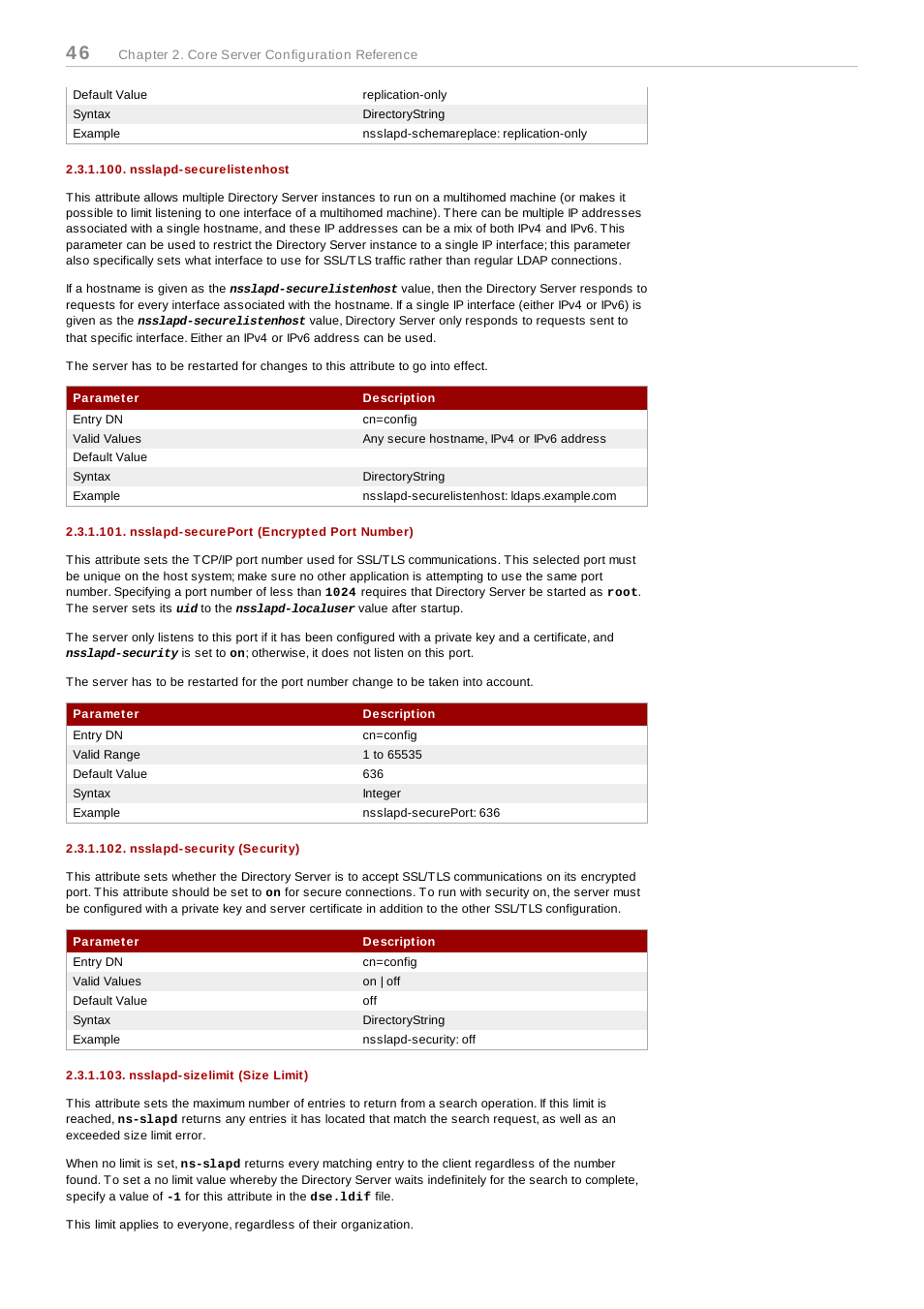 Nsslapd-securelistenhost, Nsslapd-secureport (encrypted port number), Nsslapd-security (security) | Nsslapd-sizelimit (size limit) | Red Hat 8.1 User Manual | Page 46 / 292