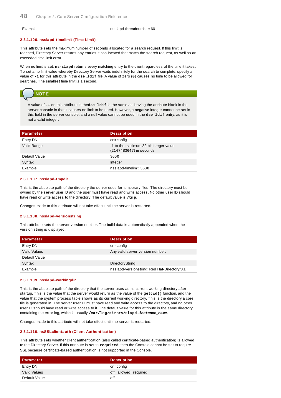 Nsslapd-timelimit (time limit), Note, Nsslapd-tmpdir | Nsslapd-versionstring, Nsslapd-workingdir, Nssslclientauth (client authentication) | Red Hat 8.1 User Manual | Page 48 / 292