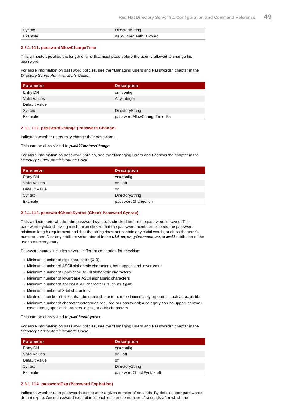Passwordallowchangetime, Passwordchange (password change), Passwordchecksyntax (check password syntax) | Passwordexp (password expiration) | Red Hat 8.1 User Manual | Page 49 / 292