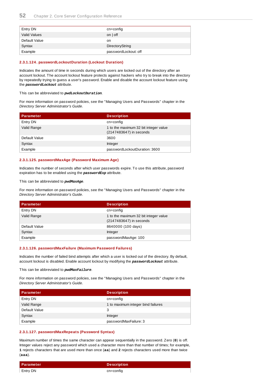 Passwordlockoutduration (lockout duration), Passwordmaxage (password maximum age), Passwordmaxfailure (maximum password failures) | Passwordmaxrepeats (password syntax) | Red Hat 8.1 User Manual | Page 52 / 292