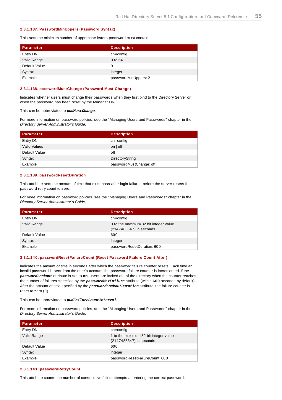Passwordminuppers (password syntax), Passwordmustchange (password must change), Passwordresetduration | Passwordretrycount | Red Hat 8.1 User Manual | Page 55 / 292