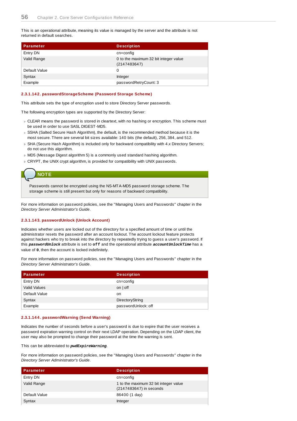 Passwordstoragescheme (password storage scheme), Note, Passwordunlock (unlock account) | Passwordwarning (send warning) | Red Hat 8.1 User Manual | Page 56 / 292