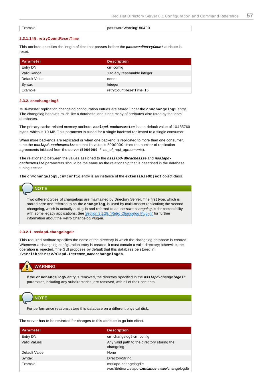 Retrycountresettime, Cn=changelog5, Note | Nsslapd-changelogdir, Warning | Red Hat 8.1 User Manual | Page 57 / 292