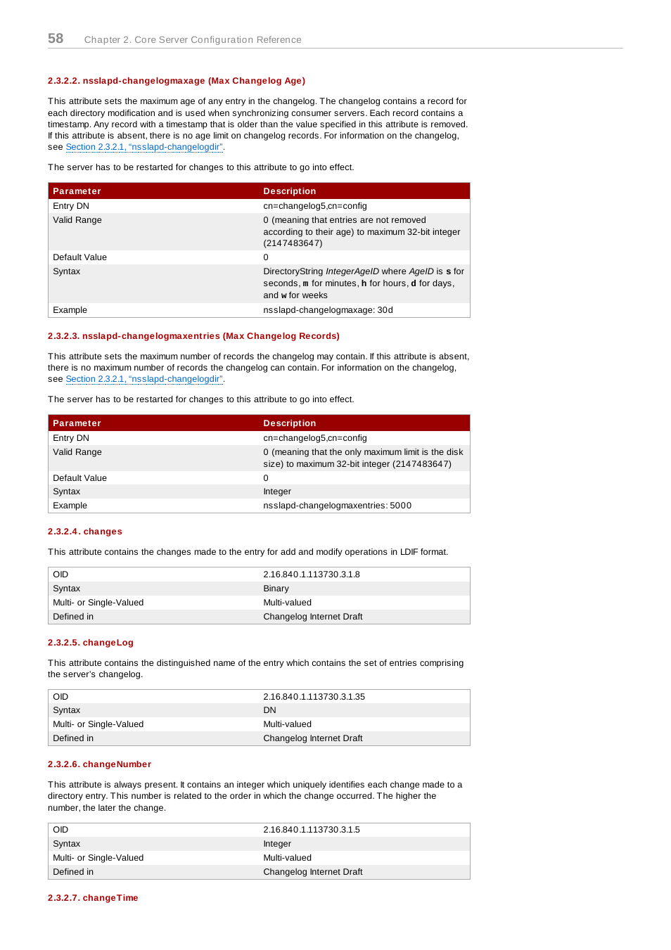 Nsslapd-changelogmaxage (max changelog age), Changes, Changelog | Changenumber, Changetime, Core server configuration reference, Chapter 2, core server configuration reference | Red Hat 8.1 User Manual | Page 58 / 292