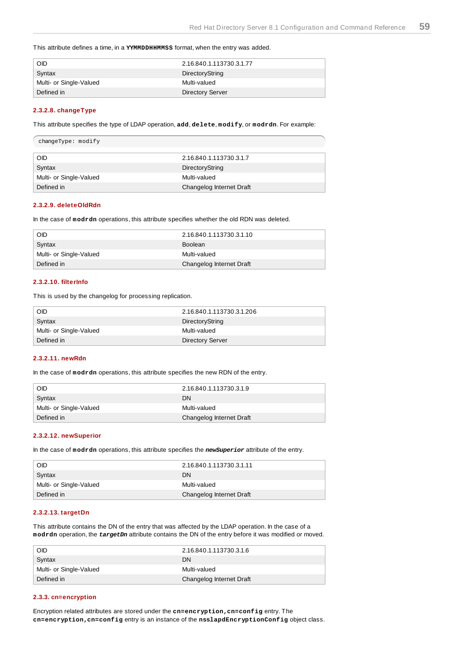 Changetype, Deleteoldrdn, Filterinfo | Newrdn, Newsuperior, Targetdn, Cn=encryption | Red Hat 8.1 User Manual | Page 59 / 292