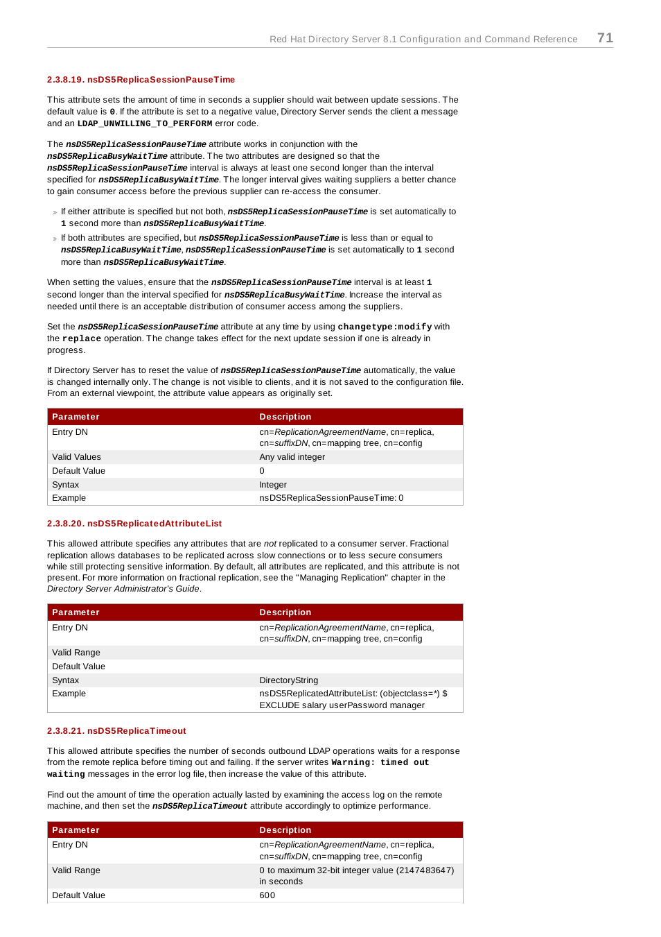 Nsds5replicasessionpausetime, Nsds5replicatedattributelist, Nsds5replicatimeout | Red Hat 8.1 User Manual | Page 71 / 292