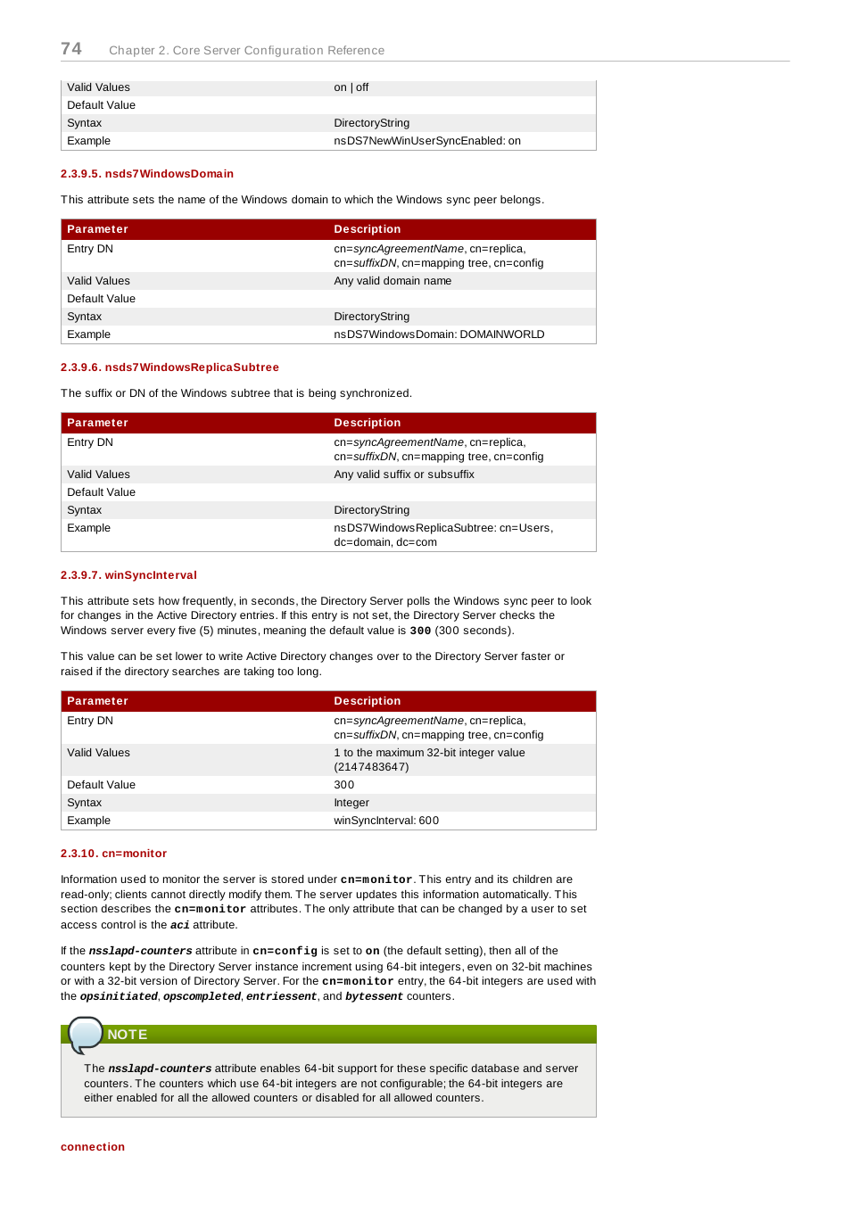 Nsds7windowsdomain, Nsds7windowsreplicasubtree, Winsyncinterval | Cn=monitor, Note, Connection | Red Hat 8.1 User Manual | Page 74 / 292