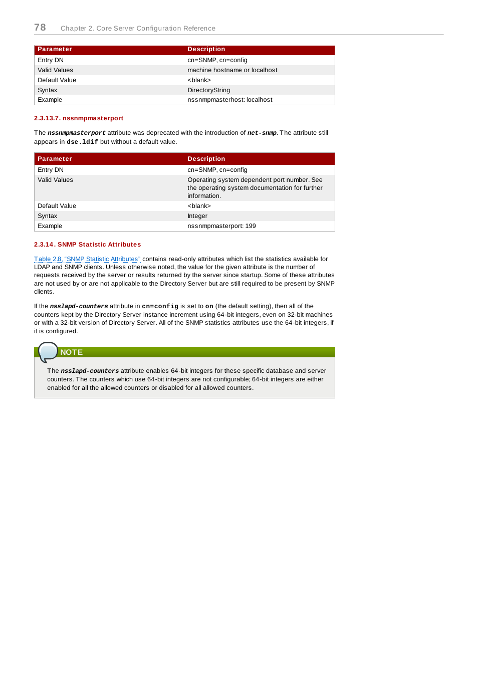 Nssnmpmasterport, Snmp statistic attributes, Note | Red Hat 8.1 User Manual | Page 78 / 292