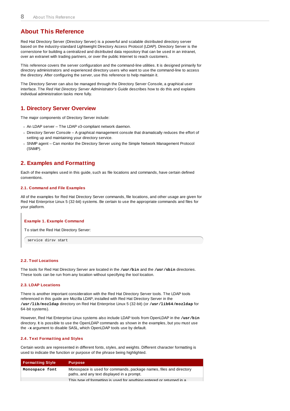 About this reference, Directory server overview, Examples and formatting | Command and file examples, Example 1. example command, Tool locations, Ldap locations, Text formatting and styles | Red Hat 8.1 User Manual | Page 8 / 292