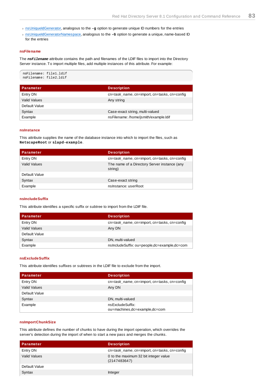 Nsfilename, Nsinstance, Nsincludesuffix | Nsexcludesuffix, Nsimportchunksize | Red Hat 8.1 User Manual | Page 83 / 292