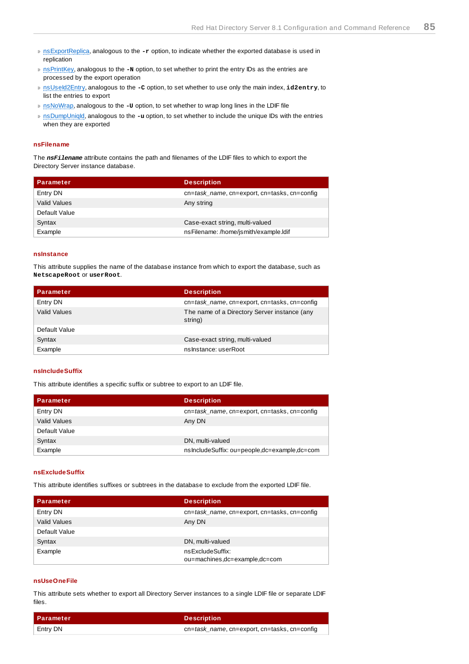 Nsfilename, Nsinstance, Nsincludesuffix | Nsexcludesuffix, Nsuseonefile | Red Hat 8.1 User Manual | Page 85 / 292