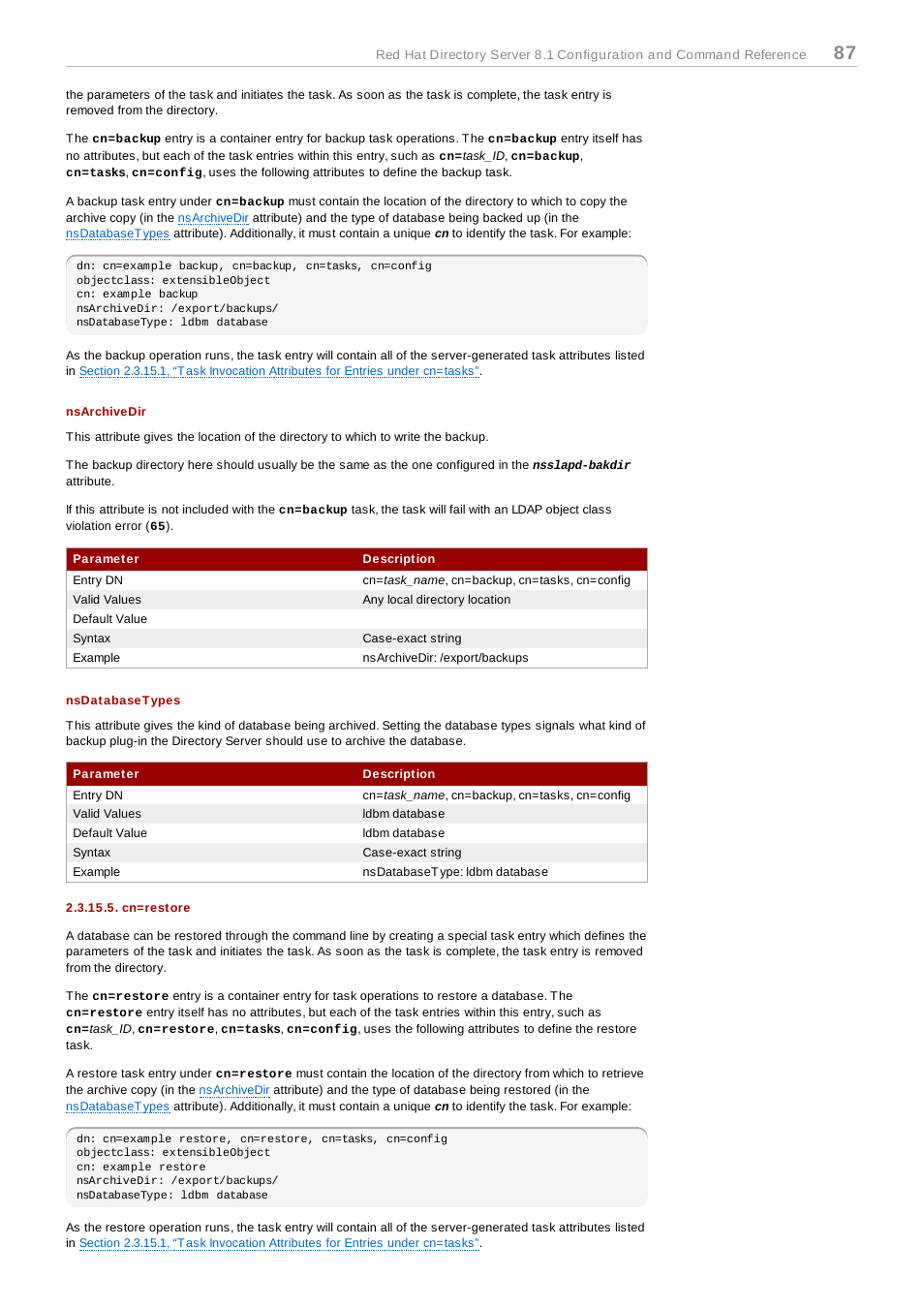 Nsarchivedir, Nsdatabasetypes, Cn=restore | Red Hat 8.1 User Manual | Page 87 / 292