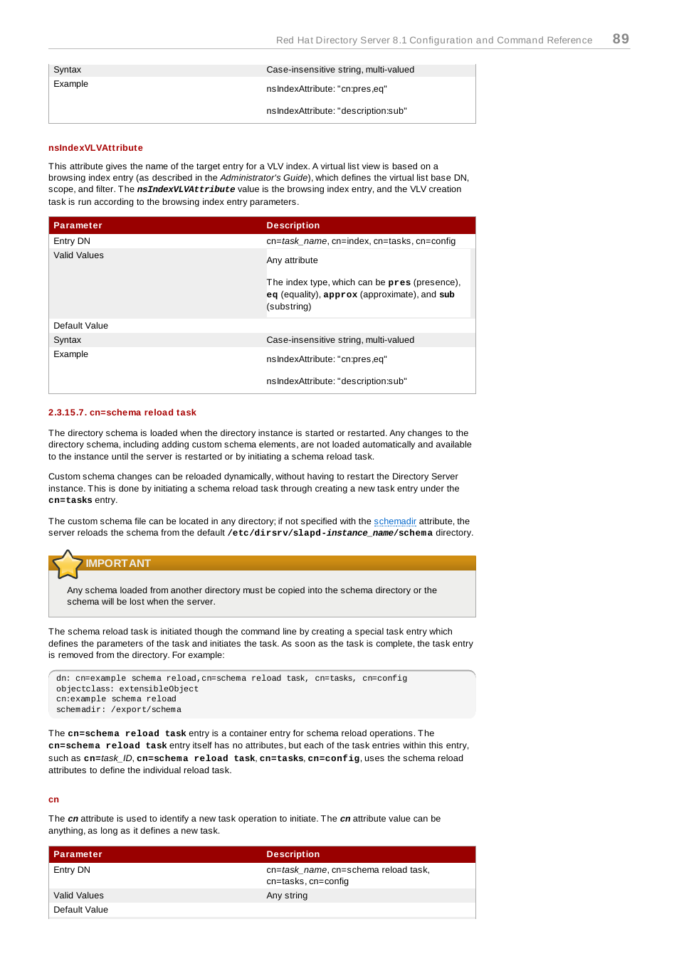 Nsindexvlvattribute, Cn=schema reload task, Important | Red Hat 8.1 User Manual | Page 89 / 292