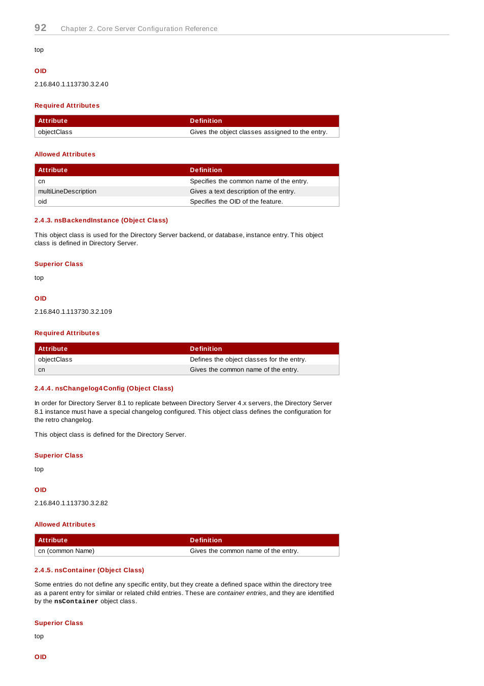 Required attributes, Allowed attributes, Nsbackendinstance (object class) | Superior class, Nschangelog4config (object class), Nscontainer (object class) | Red Hat 8.1 User Manual | Page 92 / 292