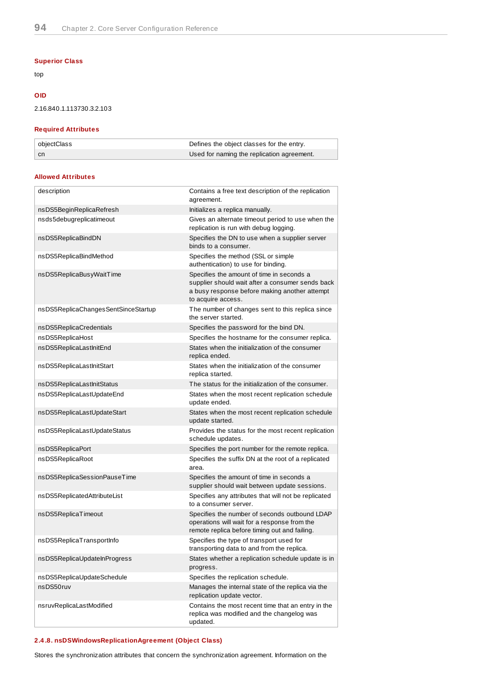 Superior class, Required attributes, Allowed attributes | Nsdswindowsreplicationagreement (object class) | Red Hat 8.1 User Manual | Page 94 / 292