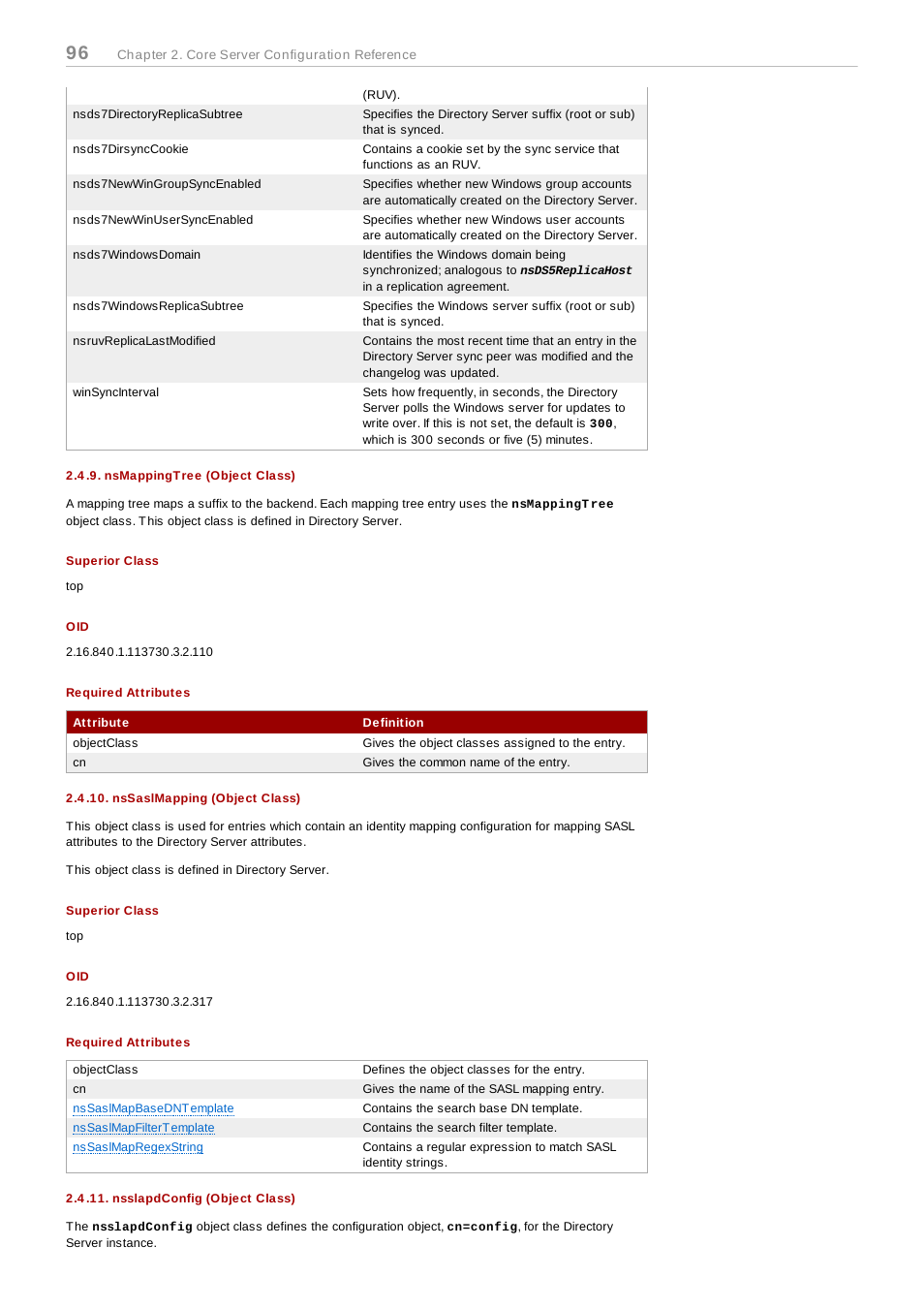 Nsmappingtree (object class), Superior class, Required attributes | Nssaslmapping (object class), Nsslapdconfig (object class) | Red Hat 8.1 User Manual | Page 96 / 292