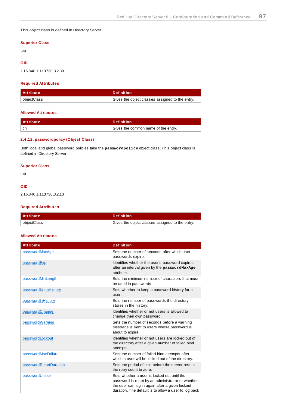 Superior class, Required attributes, Allowed attributes | Passwordpolicy (object class) | Red Hat 8.1 User Manual | Page 97 / 292