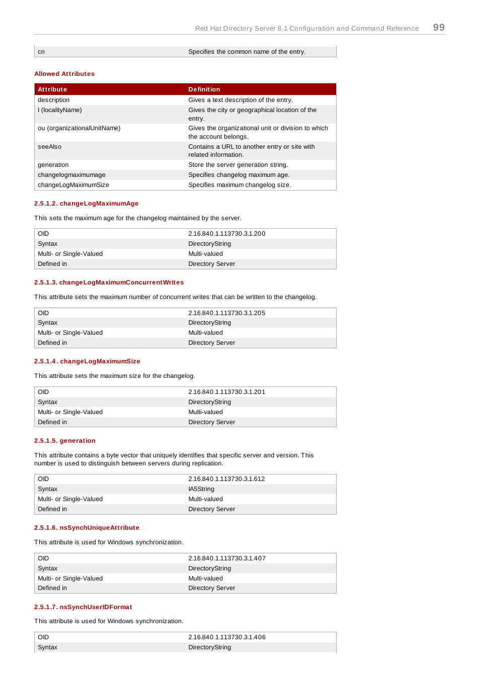 Changelogmaximumage, Changelogmaximumconcurrentwrites, Changelogmaximumsize | Generation, Nssynchuniqueattribute, Nssynchuseridformat | Red Hat 8.1 User Manual | Page 99 / 292