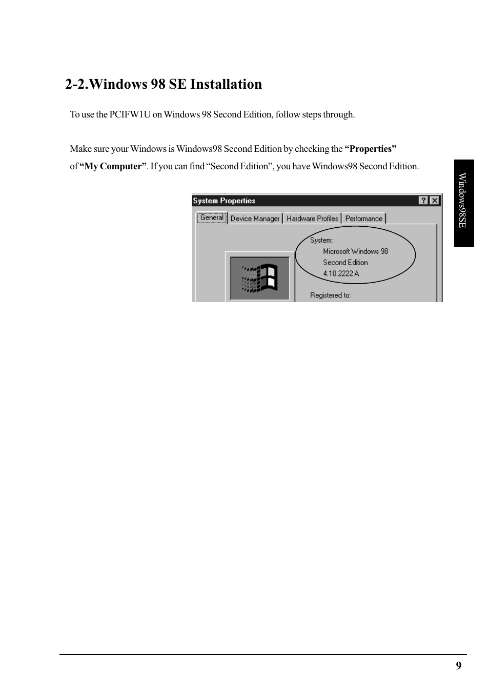 2.windows 98 se installation | Ratoc Systems PCIFW1U User Manual | Page 12 / 92