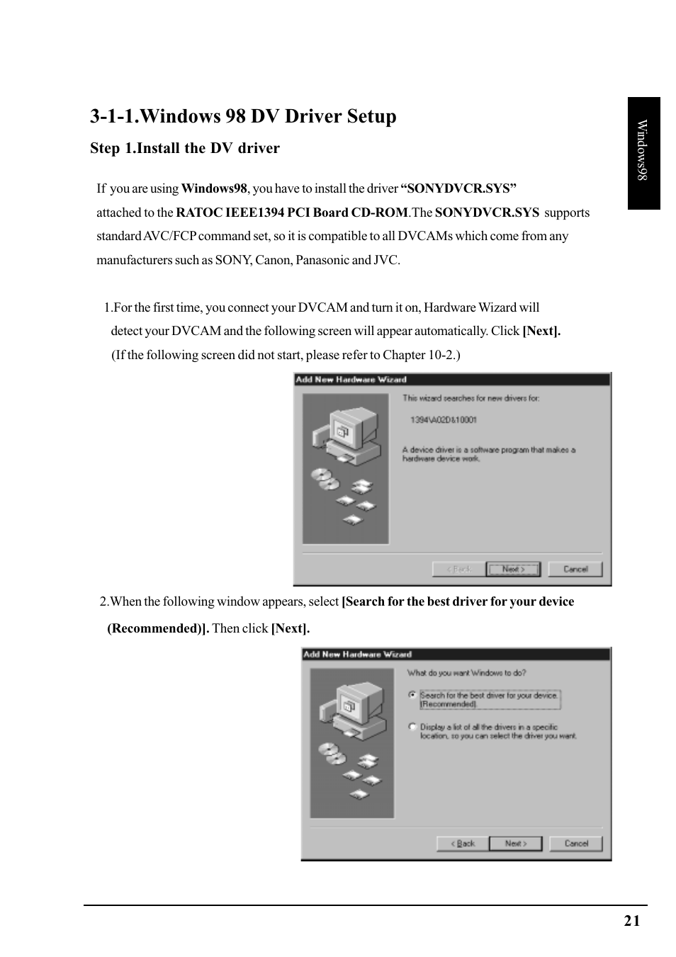1-1.windows 98 dv driver setup | Ratoc Systems PCIFW1U User Manual | Page 24 / 92