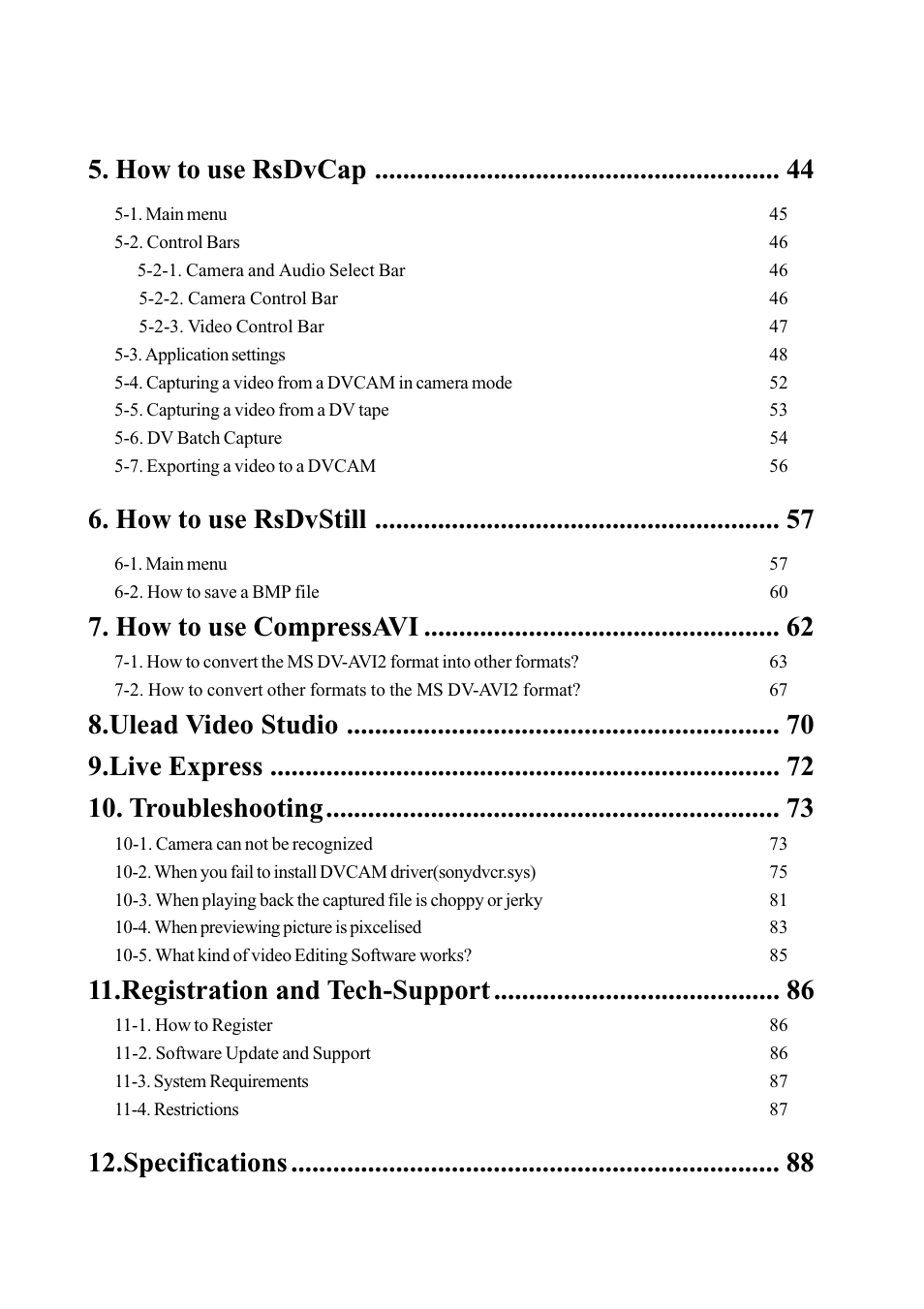 How to use rsdvcap, How to use rsdvstill, How to use compressavi | Registration and tech-support, Specifications | Ratoc Systems PCIFW1U User Manual | Page 3 / 92