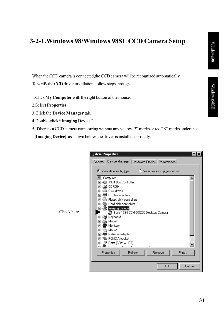 2-1.windows 98/windows 98se ccd camera setup | Ratoc Systems PCIFW1U User Manual | Page 34 / 92
