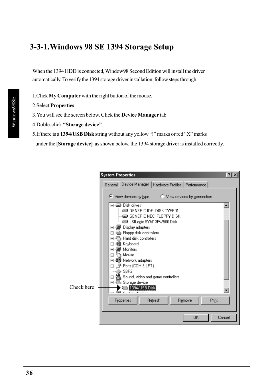 3-1.windows 98 se 1394 storage setup | Ratoc Systems PCIFW1U User Manual | Page 39 / 92