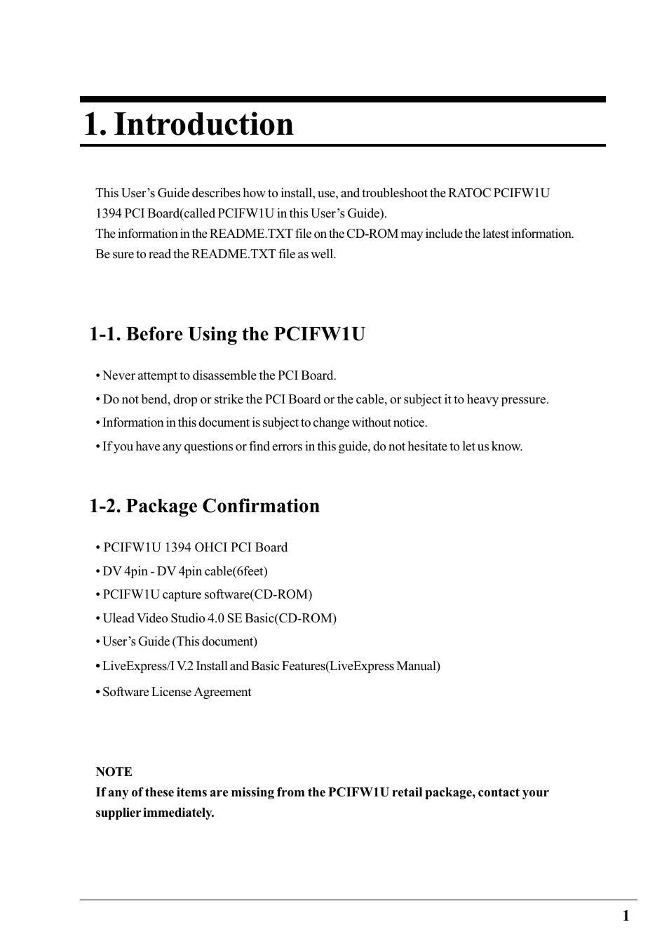 Introduction, 1.before using the pcifw1u, 1. before using the pcifw1u | 2. package confirmation | Ratoc Systems PCIFW1U User Manual | Page 4 / 92